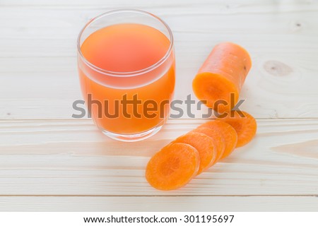 Carrot juice and slices of carrot, glasses of carrot juice and fresh carrots