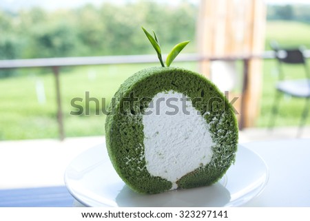 Close up green tea cake rolls, green tea cake roll