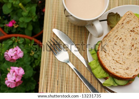 sandwich and cup of tea in the garden