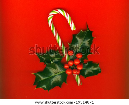 Candy cane with pretty holly leaves and berries on red background, candy cane