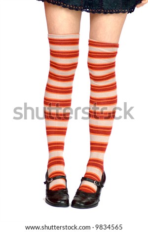 Young Woman'S Legs Wearing Striped White Orange Knee-Length Socks And ...