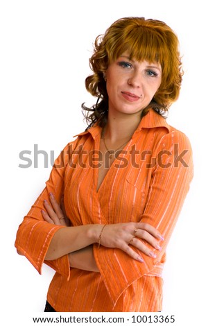 Beautiful Redhead Woman Wearing Orange Blouse And Golden Jewerly ...