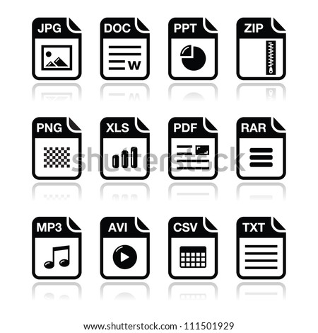 File type black icons with shadow set - zip, pdf, jpg, doc