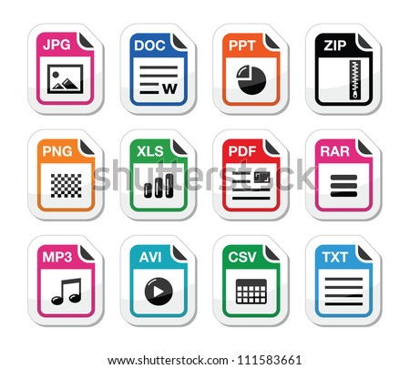 File type icons as labels set - zip, pdf, jpg, doc