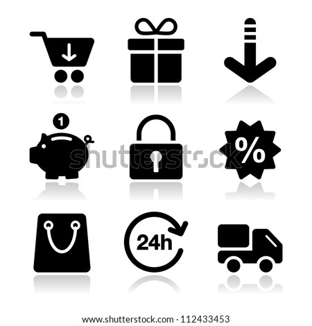 Shopping on internet black icons set with shadow