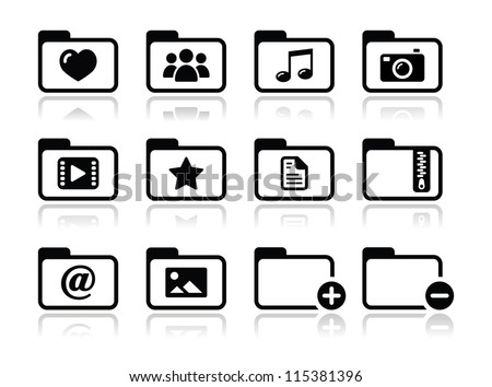 Folder documents music film icons set