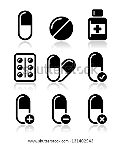 Pills, medication  vector icons set