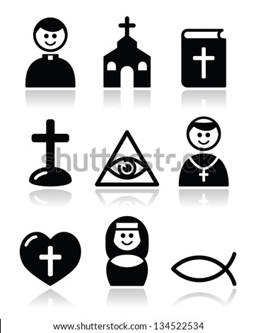 Religion, catholic church vector icons set