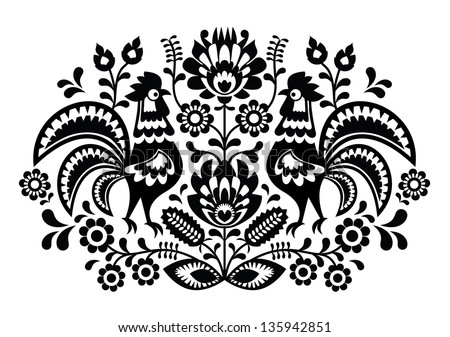Polish floral embroidery with roosters - traditional folk pattern ストックフォト © 