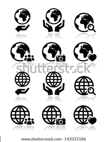 Globe earth with hands vector icons set with reflection