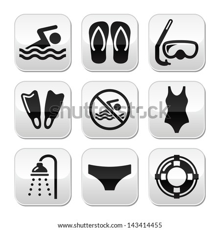 Swimming, scuba diving, sport vector buttons set