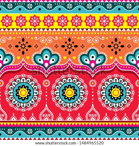 Pakistani or Indian truck art design, Jingle trucks seamless vector pattern, colorful floral repetitive decoration. 
Colorful happy repetitive Diwali background inspired by traditional lorry art