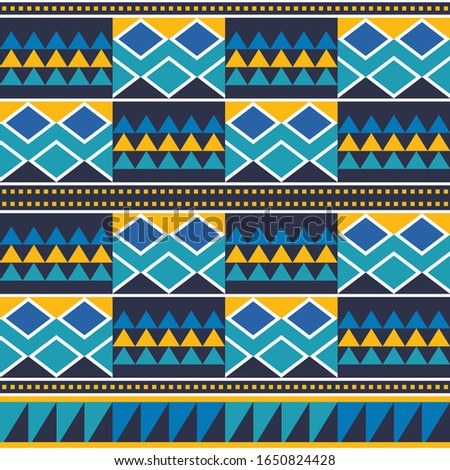 African tribal Kente mud cloth style vector seamless textile pattern, traditional geometric nwentoma design from Ghana in blue and yellow. Repetitive motif with abstract shapes, Kente design 