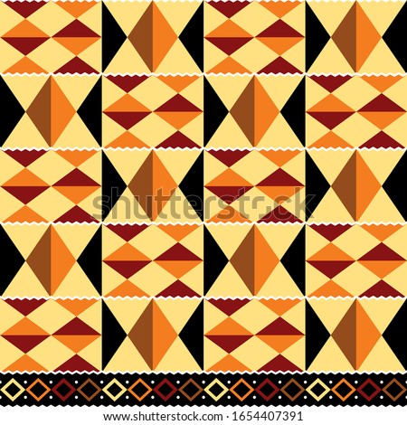 Tribal vector seamless textile pattern - Kente mud cloth style, traditional geometric nwentoma design from Ghana, African in yellow and brown. Repetitive african motif with abstract shapes, 