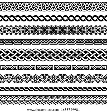 Irish Celtic vector semaless border pattern  set, braided frame designs for greeting cards, St Patrick's Day celebration. Retro Celtic collection of braided ornaments in black and white, traditional 