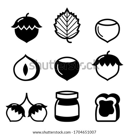 Hazelnuts, nuts - food vector icons set .
 
Nature, healthy food icons - hazelnuts, hazelnut bread spread icons set 
 