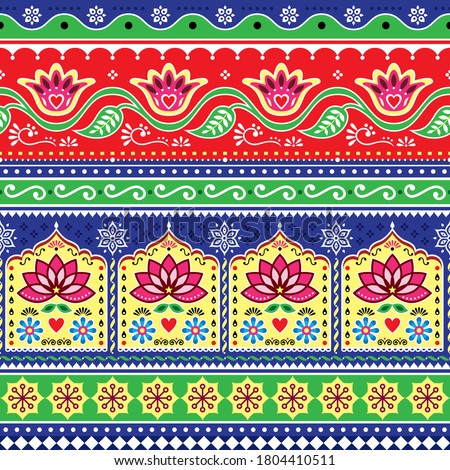 Indian or Pakistani truck art floral seamless vector pattern, Jingle trucks vibrant repetitive design,  vivid ornament with lotus flowers and abstract shapes. Diwali happy background