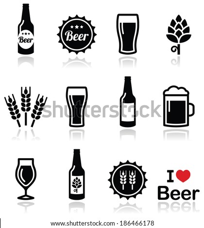 Beer vector icons set - bottle, glass, pint  