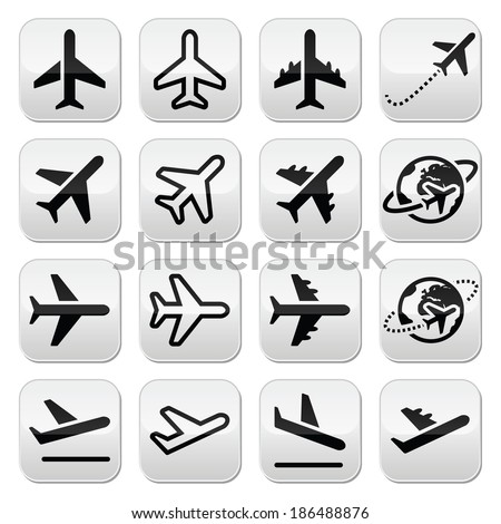 Plane, flight, airport buttons set