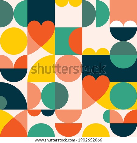 Mid-century modern 60's and 70's style vector seamles pattern - retro minimalist geometric textile or fabric print with hearts. Vintage style repetitive background, simple abstract wallpaper or poster