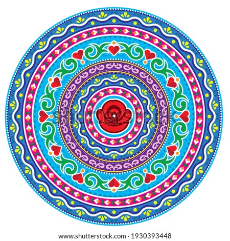 Pakistani or Indian truck art inspired vector mandala design, Diwali round art with flowers, leaves and hearts. Vibrant repetitive pattern in cirlce inspired by traditional lorry and rickshaw art