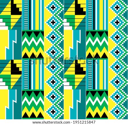 African tribal Kente cloth style vector seamless textile pattern, traditional geometric nwentoma design from Ghana. Retro Kente mud cloth style native to the Akan, Ashanti ethnic groups in Africa