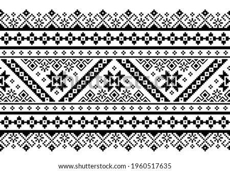 Ukrainian, Belarusian folk art vector seamless pattern, retro monochrome long cross-stitch ornament inpired by folk art - Vyshyvanka. Slavic traditional black and white ornament from Eastern Europe