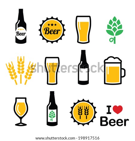 Beer colorful vector icons set - bottle, glass, pint  