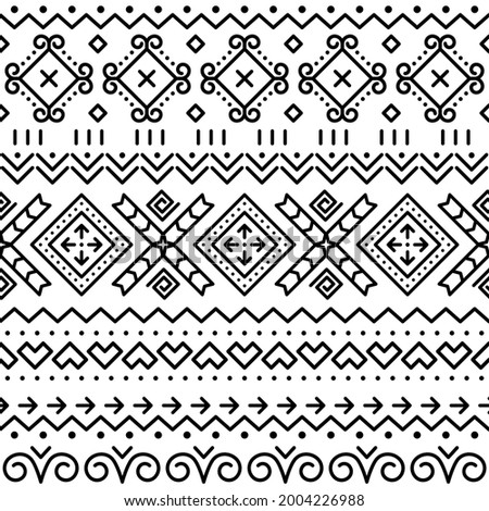 Folk art vector black seamless geometric pattern from Slovakia, ethnic ornament inspired by traditional painted houses from village Cicmany in Zilina region, Slovakia. Retro background with swirls 