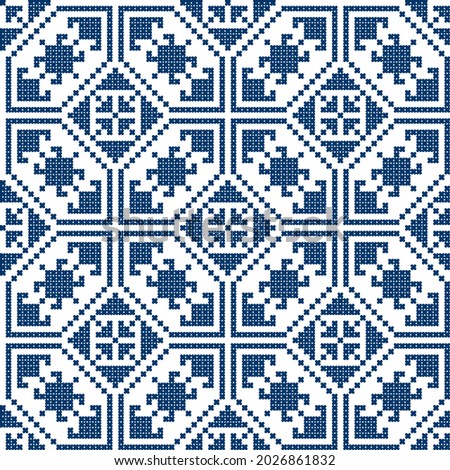 Zmijanjski vez embroidery style vector folk art seamless pattern - textile or fabric print design from Bosnia and Herzegovina. Traditional Balkan unique ornament, old hand-made background in dark blue