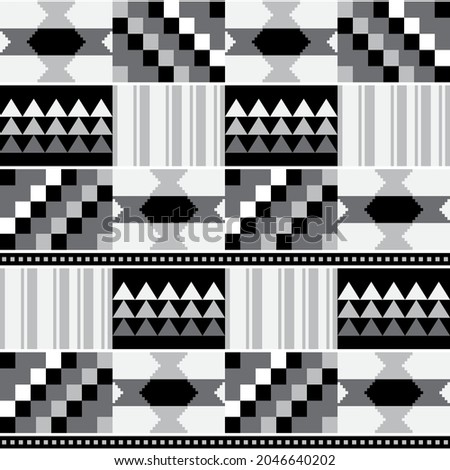 African tribal Kente mud cloth style vector seamless textile pattern, traditional geometric nwentoma design from Ghana in black, gray and white. 
Repetitive motif with abstract shapes, monochrome