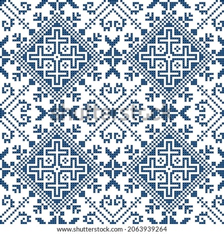 Cross-stitch embroidery style vector seamless pattern - inspired by the old folk art designs from Bosnia and Herzegovina Zmijanjski vez. Traditional Balkan texttile or fabric print ornament,  