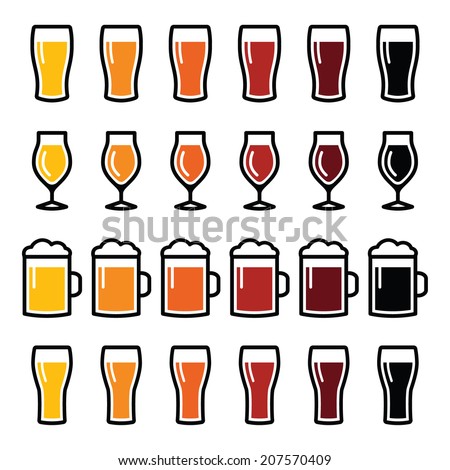 Beer glasses different types icons - lager, pilsner, ale, wheat beer, stout 