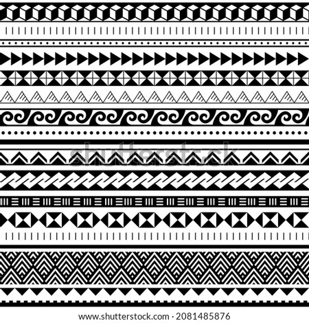 Polynesian tribal geometric seamless vector pattern set, Hawaiian traditional design collection inspired by Maori tattoo art. Retro ethnic wallpaper, textile or fabric print background in black 