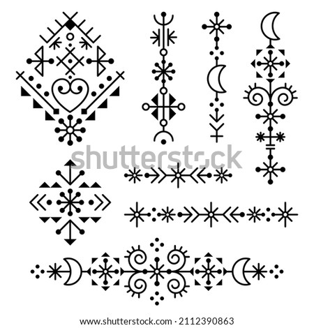 Geometric Nordic tribal line art vector design set - square and long with moons and hearts, ornamental patterns collection inspired by Icelandic Viking rune art. Modern abstract single patterns