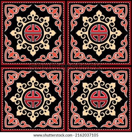 Oriental seamless vector pattern inspired by Monogolian folk art with swirls, traditional textile or fabric print design in red on black background. 
Retro retro wallpaper ornament from Mongolia