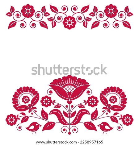 Scandinavian retro folk art vector greeting card or wedding invitaion design inspired by traditional embroidery patterns from Sweden, red decoration with flowers, birds, swirls and leaves.