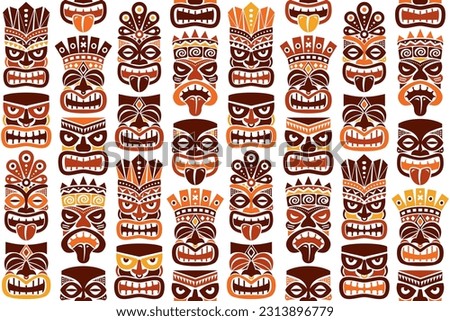 Tiki pole totem vector seamless pattern - traditional statue or mask repetitve design from Polynesia and Hawaii in brown and orange. 
Native Polynesian and Hawaiian rextile, fabric print or wallpaper 