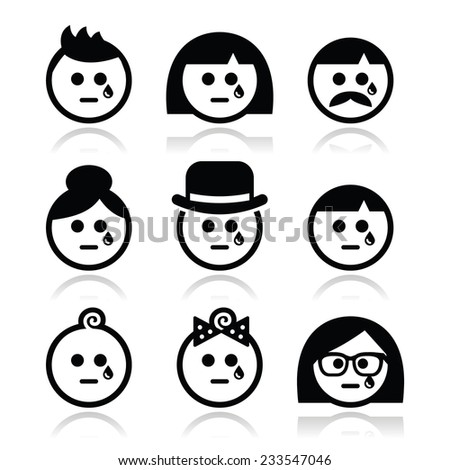 Crying people faces - man, woman, baby icons set
