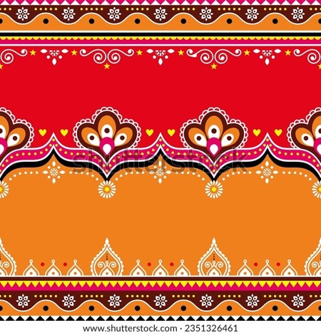 Pakistani and Indian vector seamless pattern with empty space for text - Diwali vibrant textile, fabric print or greeting card design. Decorative template background inspired by traditional lorry and 