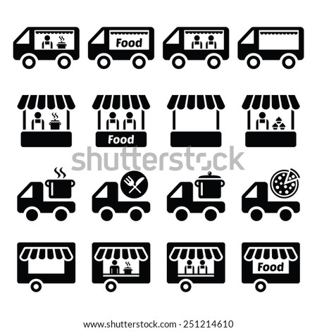 Food truck, food stand and food trailer icons set