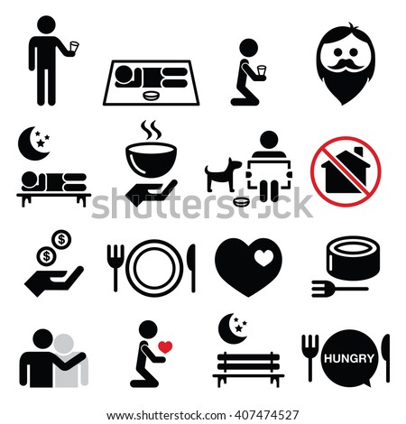 Homeless, poverty, man begging for money icons set 