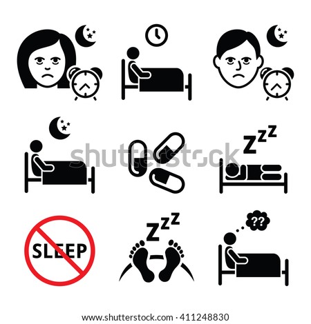 Insomnia, people having trouble with sleeping icons set 