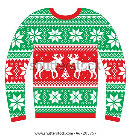 Ugly Christmas Jumper Or Sweater With Reindeer And Snowflakes Red And 