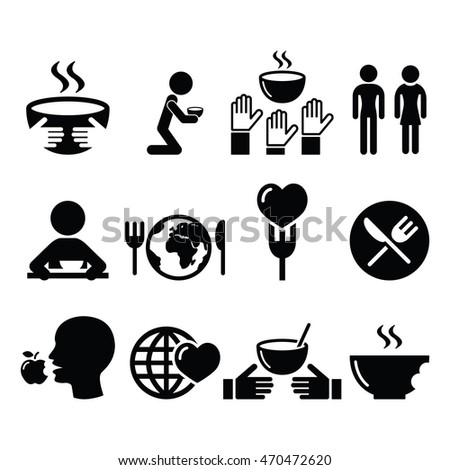 Hunger, starvation, poverty icons set 