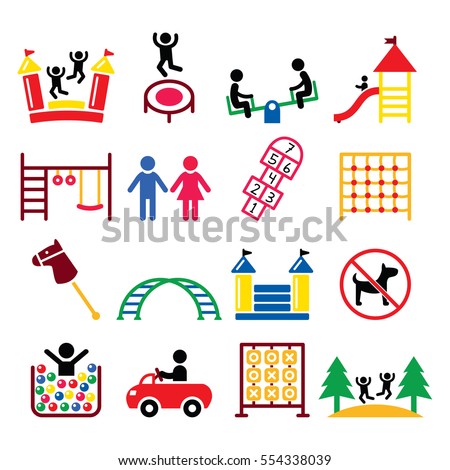 Kids playground, outdoor or indoor place for children to play icons set