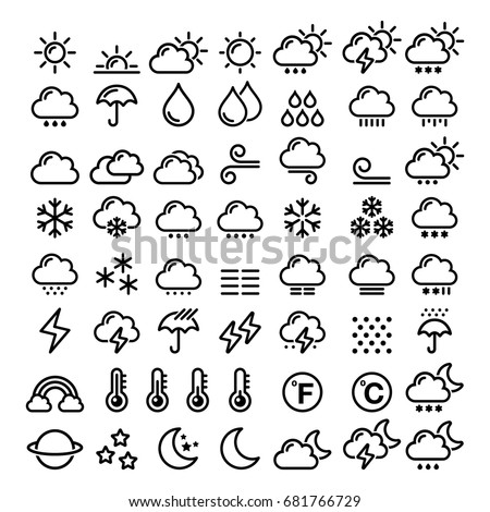 Weather line icons set - big pack of 70 weather forecast graphic elements, sun, cloud, rain, snow, wind, rainbow 