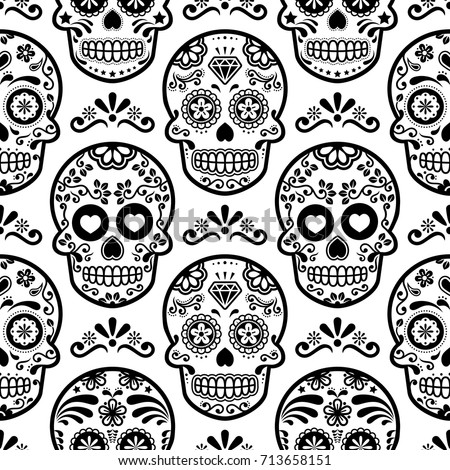 Mexican sugar skull vector seamless pattern, Halloween candy skulls background, Day of the Dead celebration, Calavera design 
Black and white wallpaper, repetitive skull wallpaper, Dia de los Muertos 