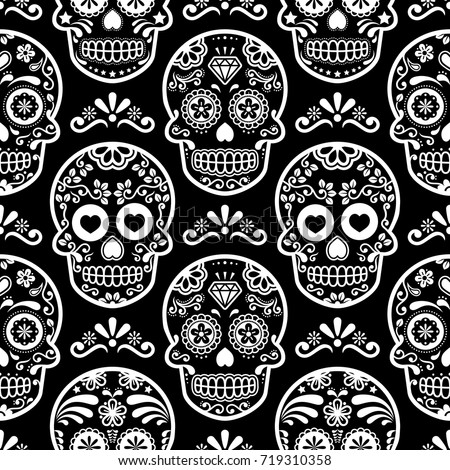 Mexican sugar skull vector seamless pattern on black, Halloween white candy skulls background, Day of the Dead celebration, Calavera design 
 