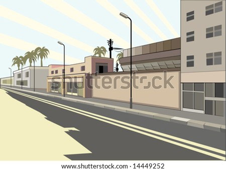 street with buildings, street lamps on background solar sky